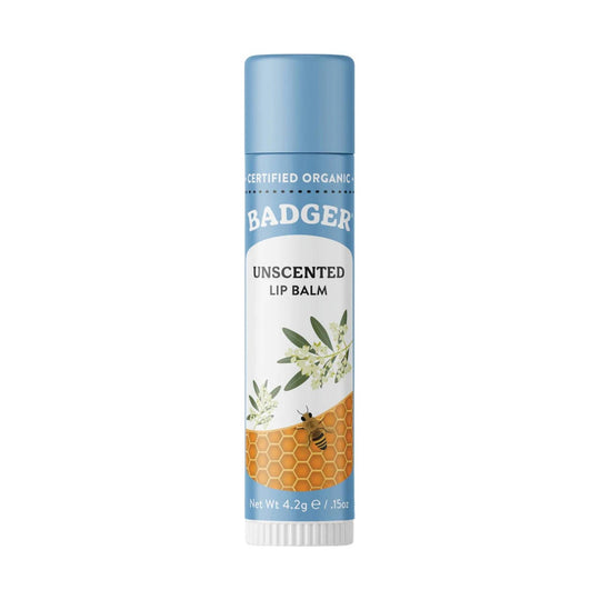 Blue-and-white lip balm tube with floral and honeycomb design