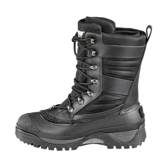 Black lace-up winter boot with padded collar, reinforced toe cap, and thick lug sole.