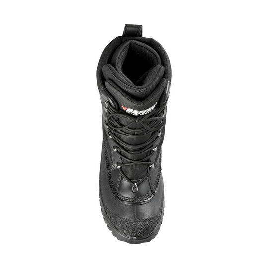 Black lace-up winter boot with padded collar, rugged tread, and front pull tab