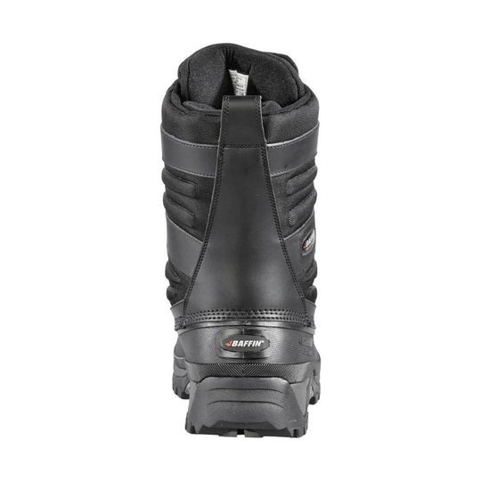 Black insulated winter boot with a thick lug sole, padded shaft, and rear pull tab
