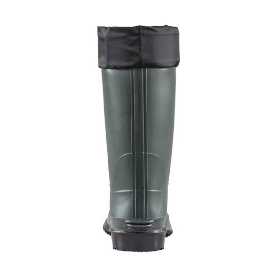 Tall dark green rubber boot with black fold-over cuff, front stripes, and thick treaded sole