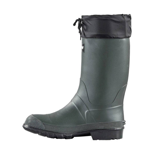 Dark green tall rubber boot with a black drawstring cuff and textured sole