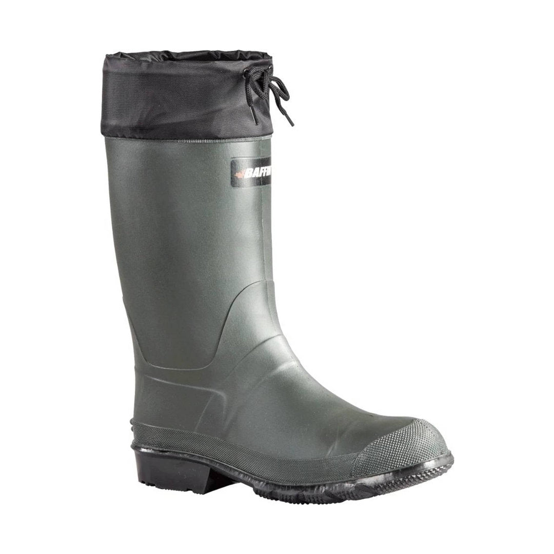 Tall gray rubber boot with black drawstring cuff and textured toe cap