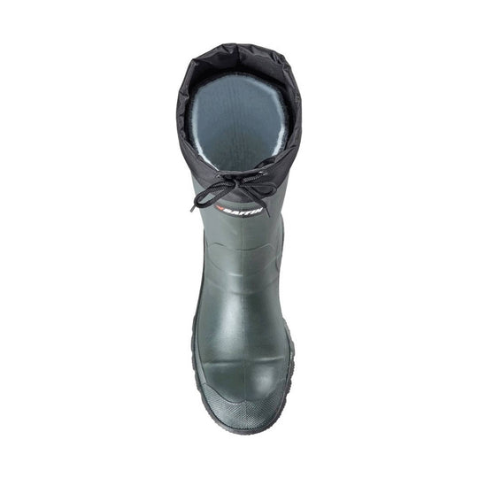 Black rubber winter boot with a drawstring cuff, viewed from the front