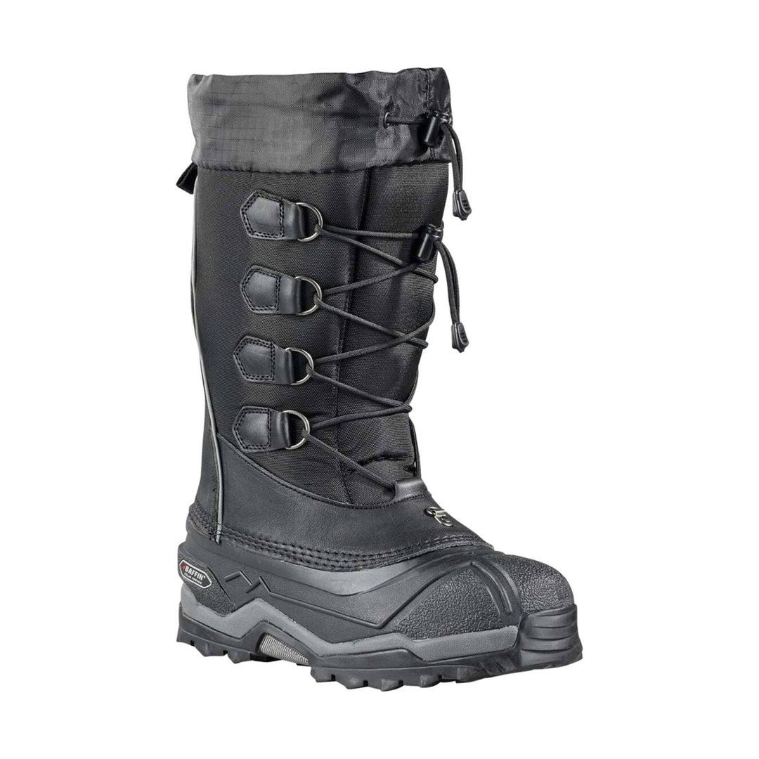 Black insulated winter boot with bungee lacing, a tall cuff, and a rugged treaded sole
