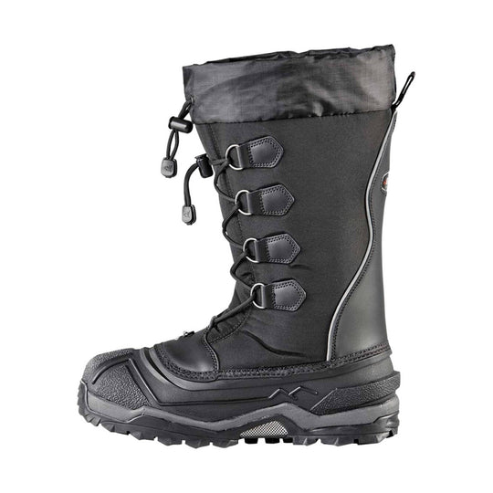 Black insulated winter boot with tall shaft, hook-and-loop lace tabs, and rugged treaded sole