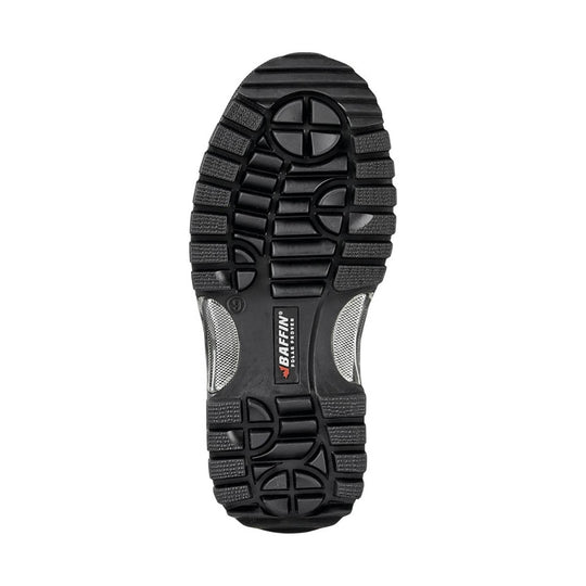 Black boot outsole with deep tread and Baffin Polar Proven branding