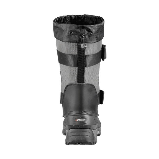 Tall gray and black winter boot with a black cuff, strap closures, and a rugged tread sole