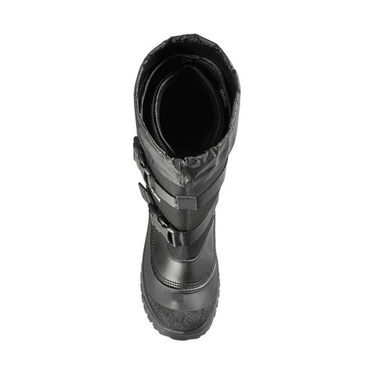 Black insulated winter boot with side buckles, viewed from above