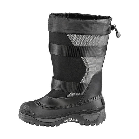 Black and gray tall winter boot with a drawstring cuff, wide straps, and rugged tread sole