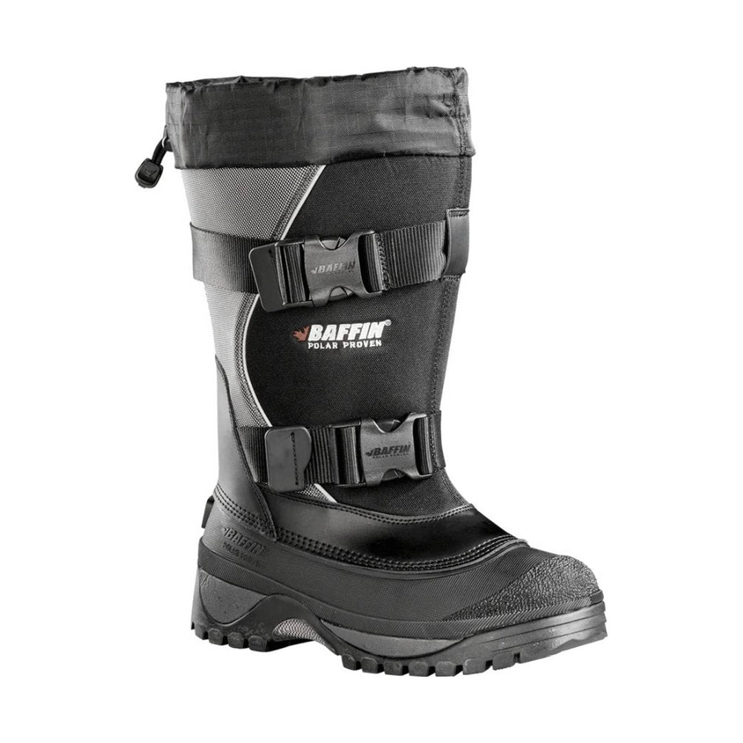 Tall black winter boot with two buckle straps, a pull tab, and a lugged sole