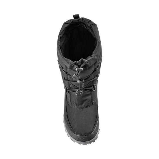 Black winter boot with drawstring cuff and lug sole, front view
