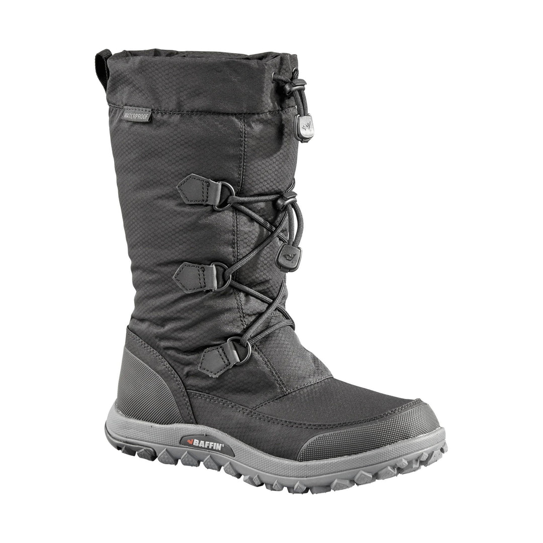 Black insulated winter boot with bungee laces, waterproof label, and gray treaded sole