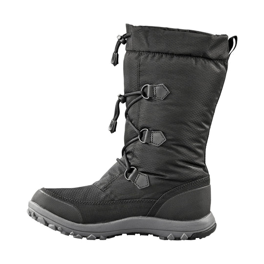 Black pull-on winter boot with a tall shaft, side bungee lacing, and gray rugged sole