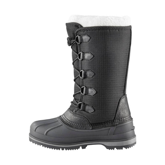 Black tall winter boot with faux fur cuff, side toggle lacing, and thick treaded sole