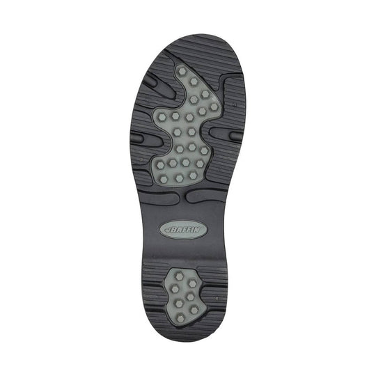 Black boot outsole with gray traction pods and a Baffin logo