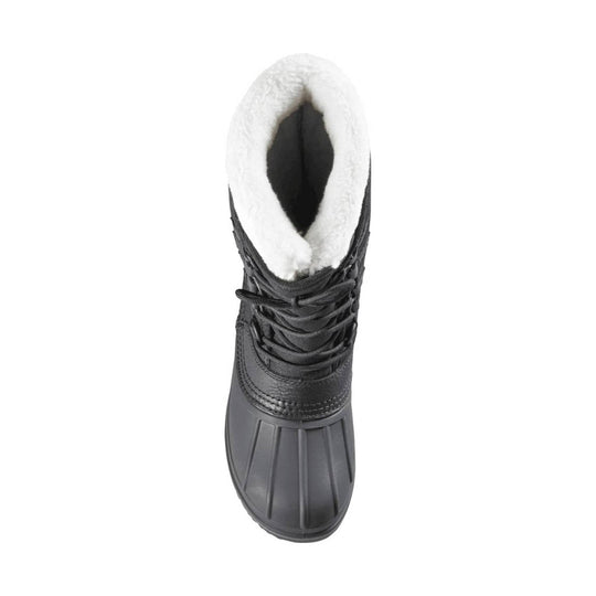 Black winter boot with white faux-fur lining, laces, and a rubber toe shell, shown from above
