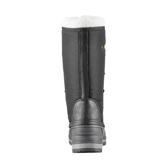 Black insulated winter boot shown from the back, with gray sole and white faux-fur lining