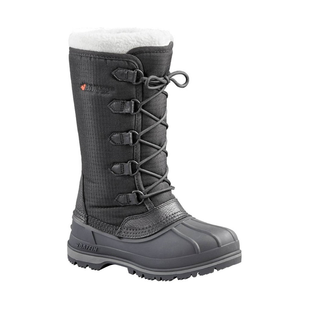 Black lace-up winter boot with white fleece lining and gray rubber sole