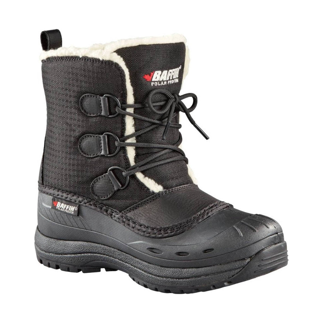 Black insulated winter boot with faux-fur lining, bungee laces, and rubber toe guard