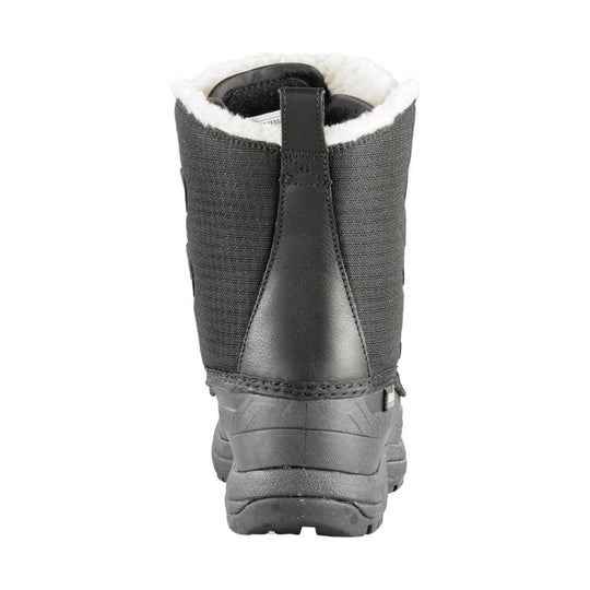 Black winter boot with white fleece lining, pull tab, and gray rubber sole, back view
