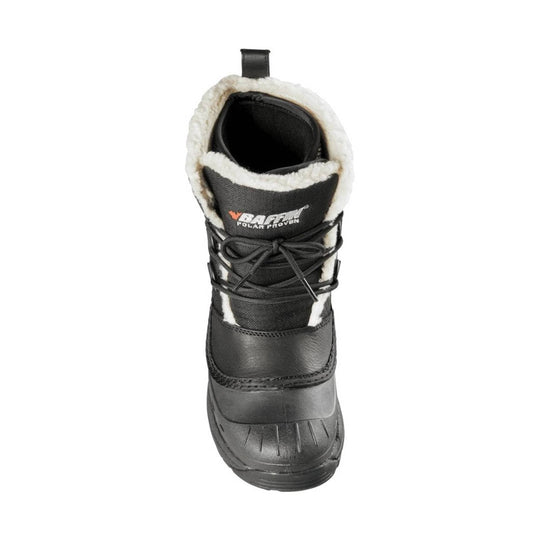 Black insulated winter boot with faux-fur lining, lace-up front, and pull tab