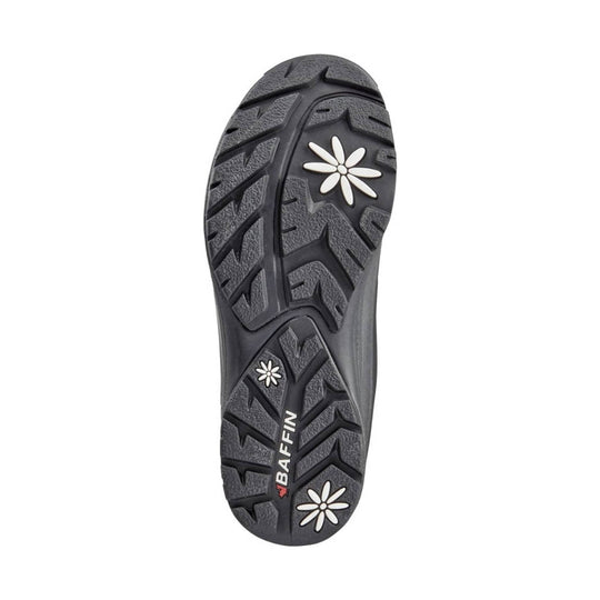 Black boot outsole with deep tread and BAFIN logo