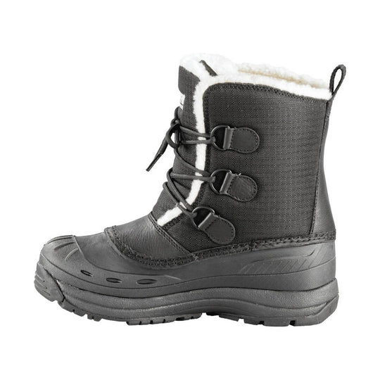 Black insulated winter boot with faux-fur lining, three side buckles, and a rubber sole