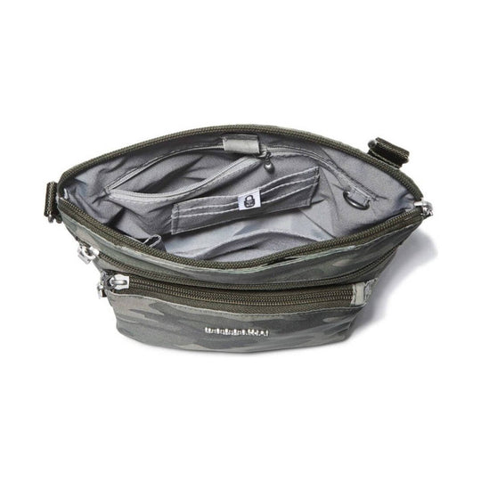 Open gray camouflage crossbody bag with multiple zip pockets and gray interior lining