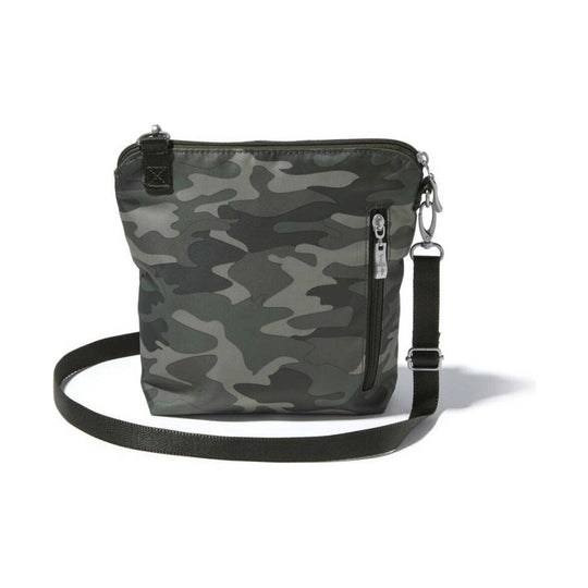 Gray and black camouflage crossbody bag with a top zipper, front zip pocket, and adjustable strap