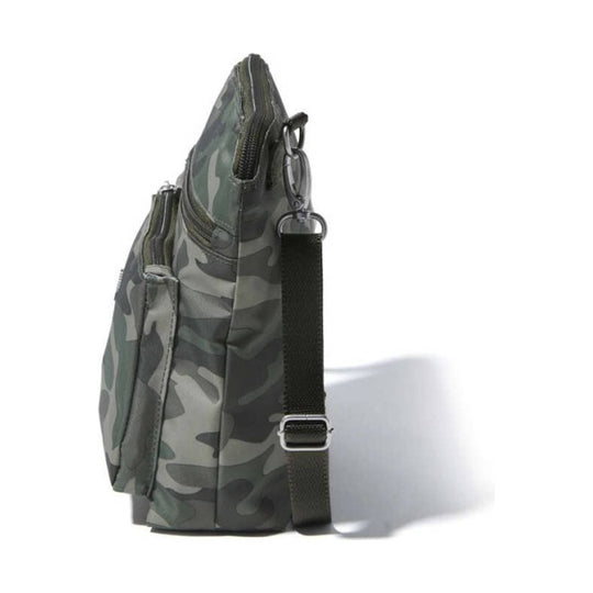 Side view of a gray camouflage crossbody bag with a front zip pocket, top zipper, and adjustable shoulder strap