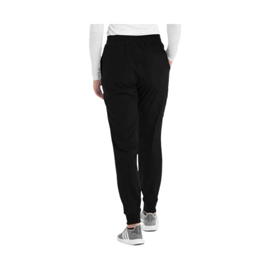 Black jogger scrub pants shown on model from the back