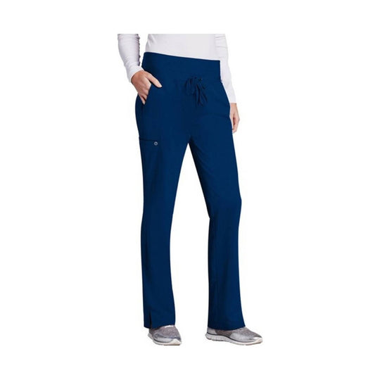Navy women's cargo scrub pants with drawstring waist, side cargo pocket, and straight legs