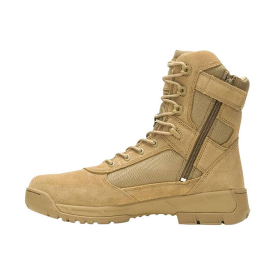 Tan tactical-style combat boot with lace-up front, side zipper, mesh panels, and rugged tread