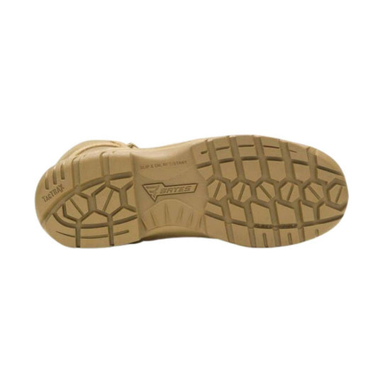 Tan boot outsole with rugged tread and SRTT branding