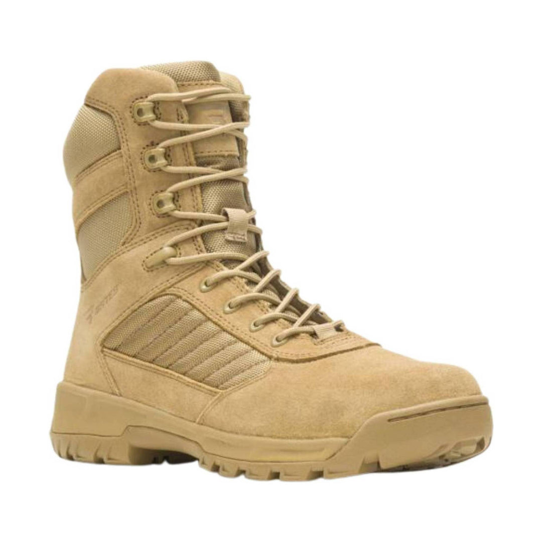 Tan tactical lace-up combat boot with padded collar, side mesh panels, and rugged sole