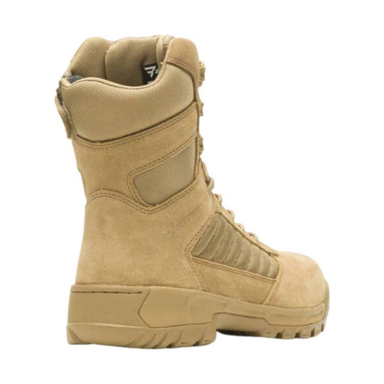 Tan tactical boot with padded collar, mesh side panels, and a thick lug sole