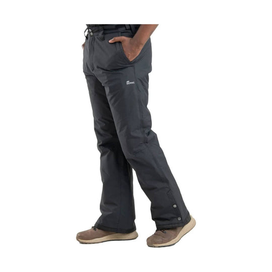 Black insulated pants with side hand pockets and snap hems, worn with brown shoes