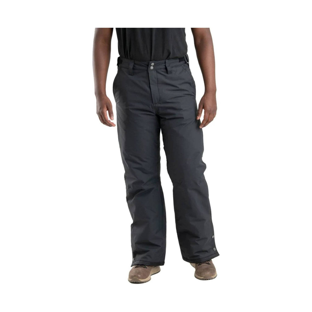Black insulated waterproof snow pants with snap-closure hems