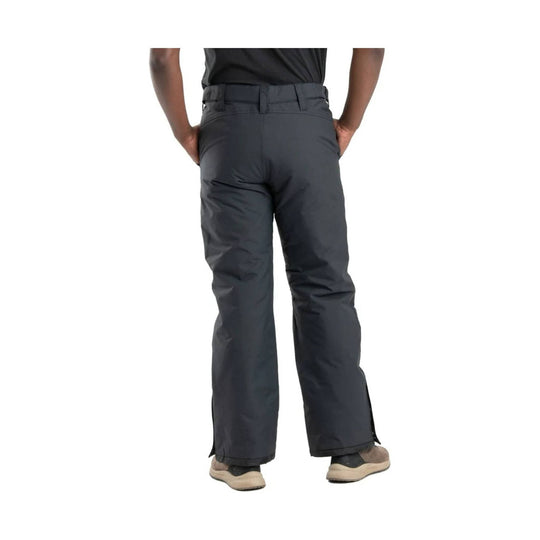 Black insulated snow pants shown from the back, with belt loops and straight legs