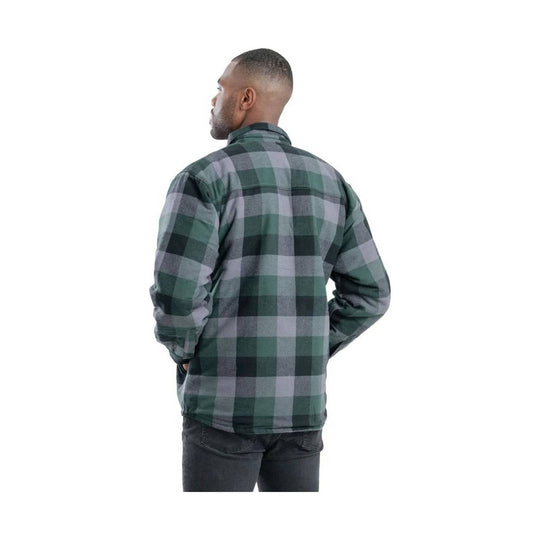 Plaid long-sleeve button-up shirt shown from the back