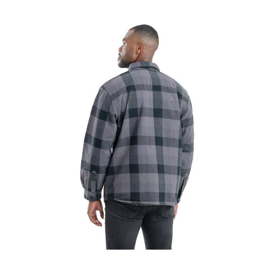 Gray plaid long-sleeve button-up shirt shown from the back