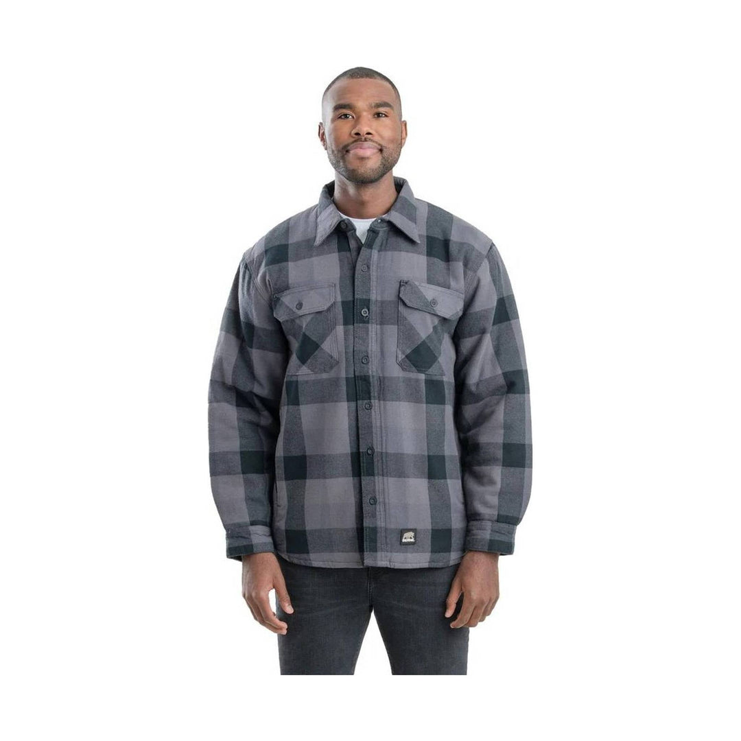 Gray and black plaid long-sleeve button-up shirt with chest flap pockets