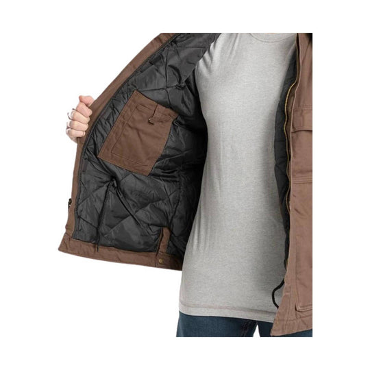 Brown work jacket shown open, revealing black quilted lining and an inner chest pocket