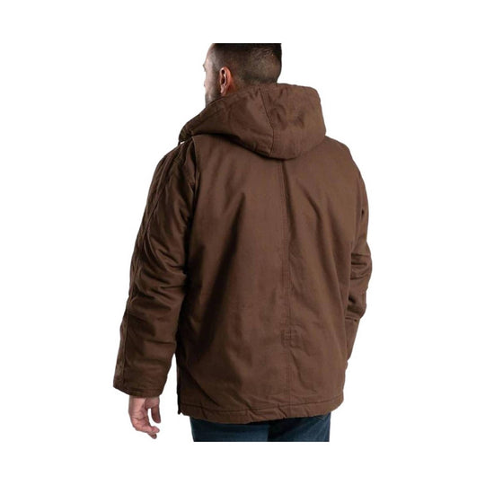 Brown hooded chore coat shown from the back