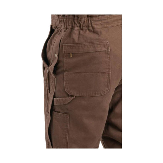 Brown insulated bib overall with large cargo pockets and side button placket
