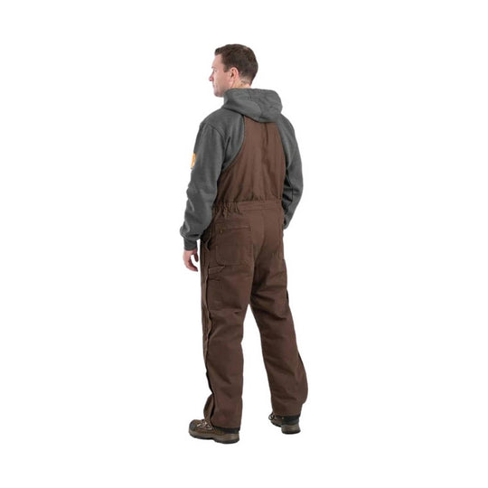 Brown insulated bib overalls with a gray hooded sweatshirt attached, shown from the back.