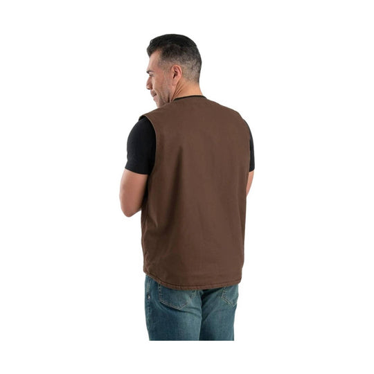Brown sleeveless vest shown from the back over a black T-shirt and jeans