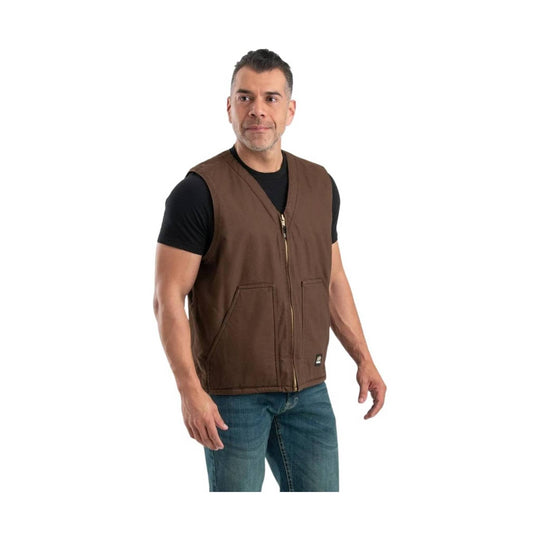 Brown zip-front vest with front pockets over a black T-shirt and jeans