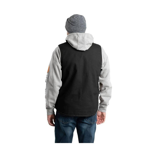 Black vest worn over a gray hoodie, shown from the back